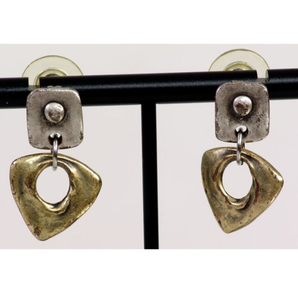 Vintage 1980s Dangle Earrings Mixed Metal Geometric Abstract Modernist 1.25"